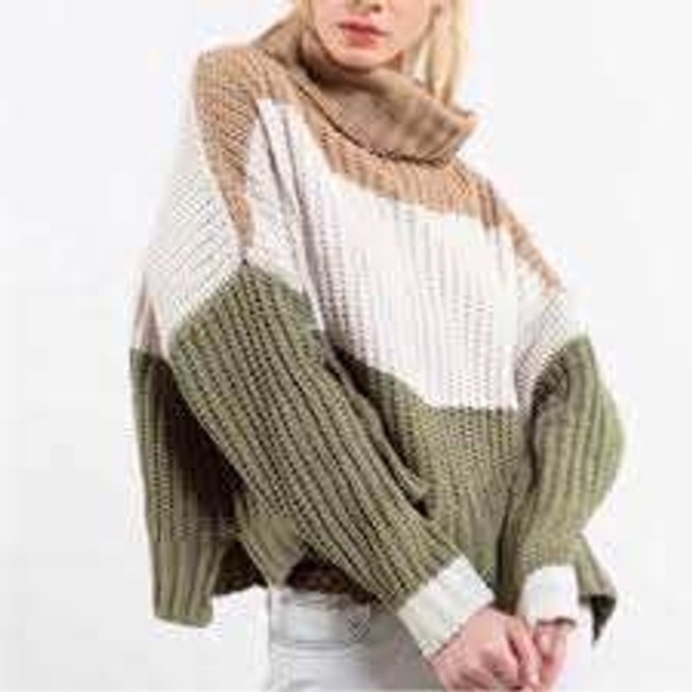 Anthropologie Pols Color Block Turtleneck Chunky Knit Sweater Olive Brown Medium
